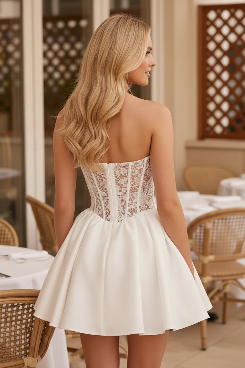 Strapless Corset Lace Mini Dress with Pleated Skirt