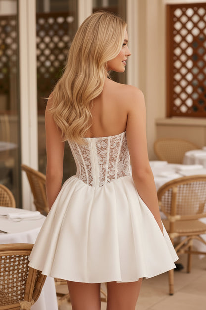 Strapless Corset Lace Mini Dress with Pleated Skirt