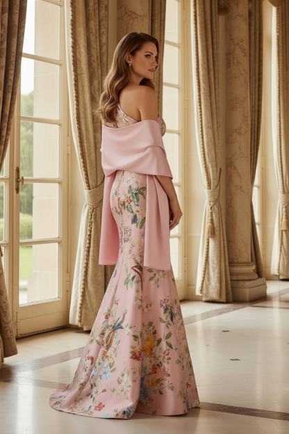 One-Shoulder Floral Print Mermaid Gown with Shawl