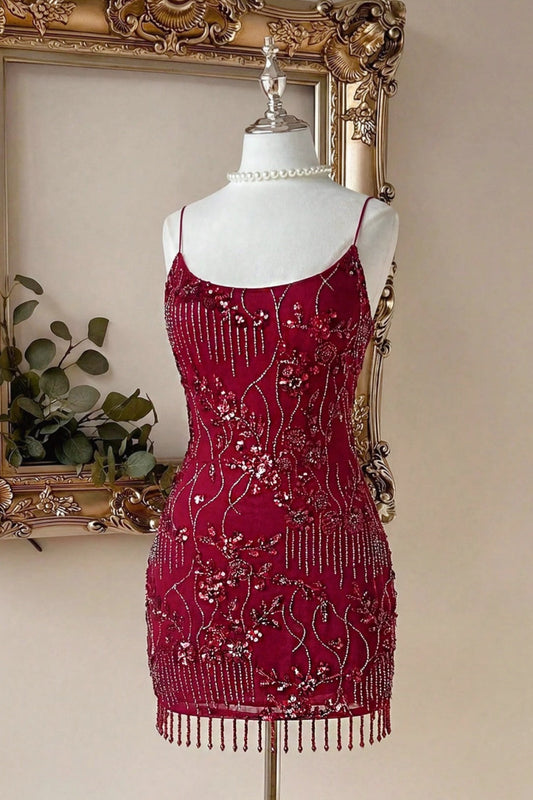 Spaghetti Strap Beaded Mini Dress with Fringe