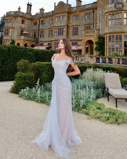 Off-the-Shoulder Ruched Glitter Evening Gown