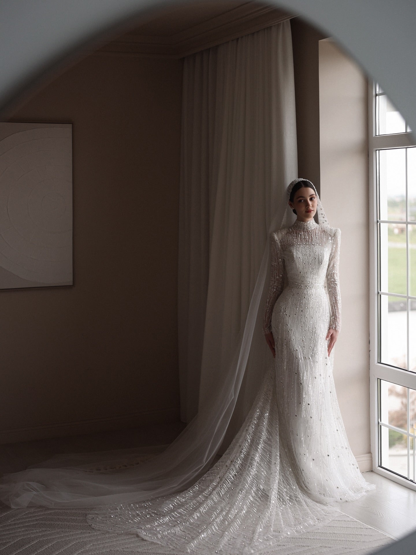 High Neck Beaded Long Sleeve Wedding Dress with Train