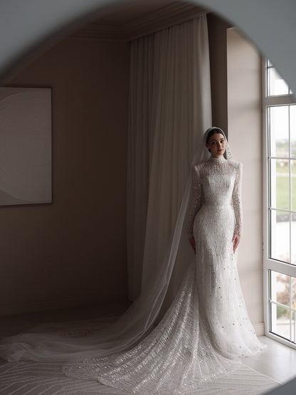 High Neck Beaded Long Sleeve Wedding Dress with Train