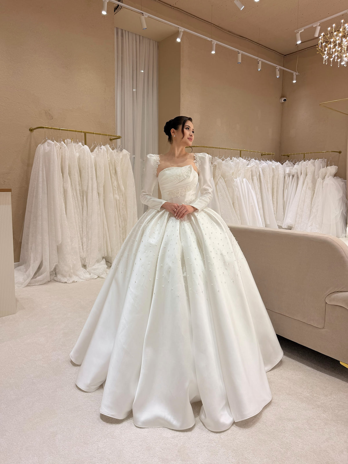 Strapless Asymmetric Pleated Pearl Ball Gown