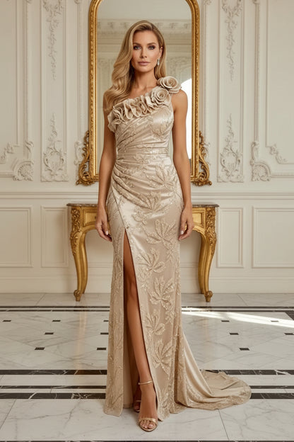 One-Shoulder Floral Sequin Gown with 3D Rosettes