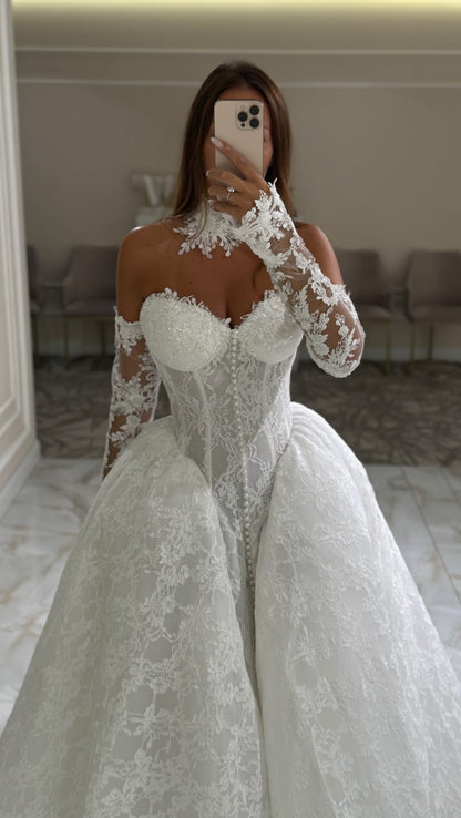 Lace Corset Ball Gown Wedding Dress with Long Sleeves