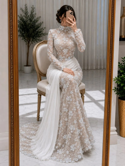 High Neck Long Sleeve Lace Mermaid Wedding Dress
