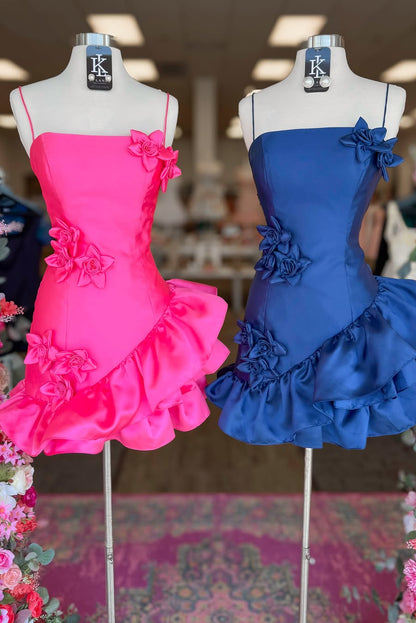 Satin Mini Dress with 3D Flowers & Ruffle Hem