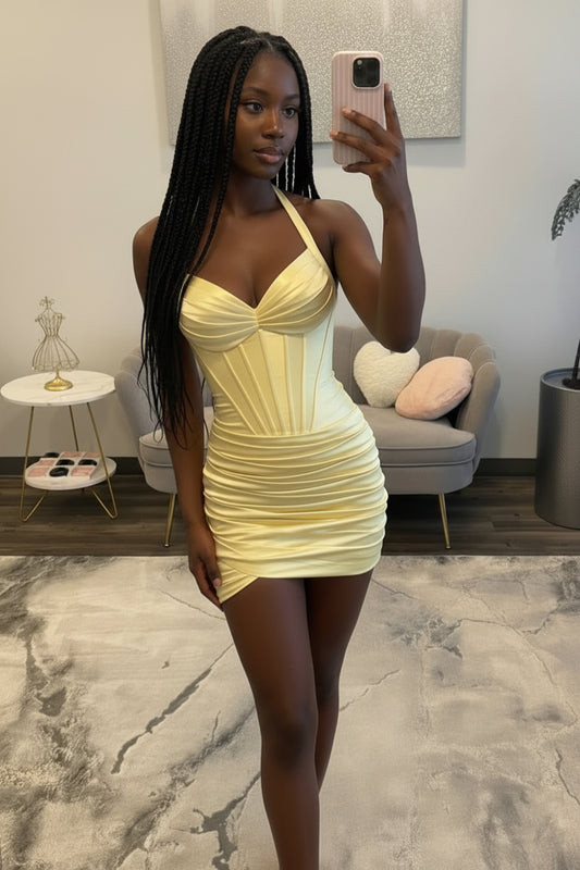 Halter Corset Satin Mini Dress with Ruched Skirt