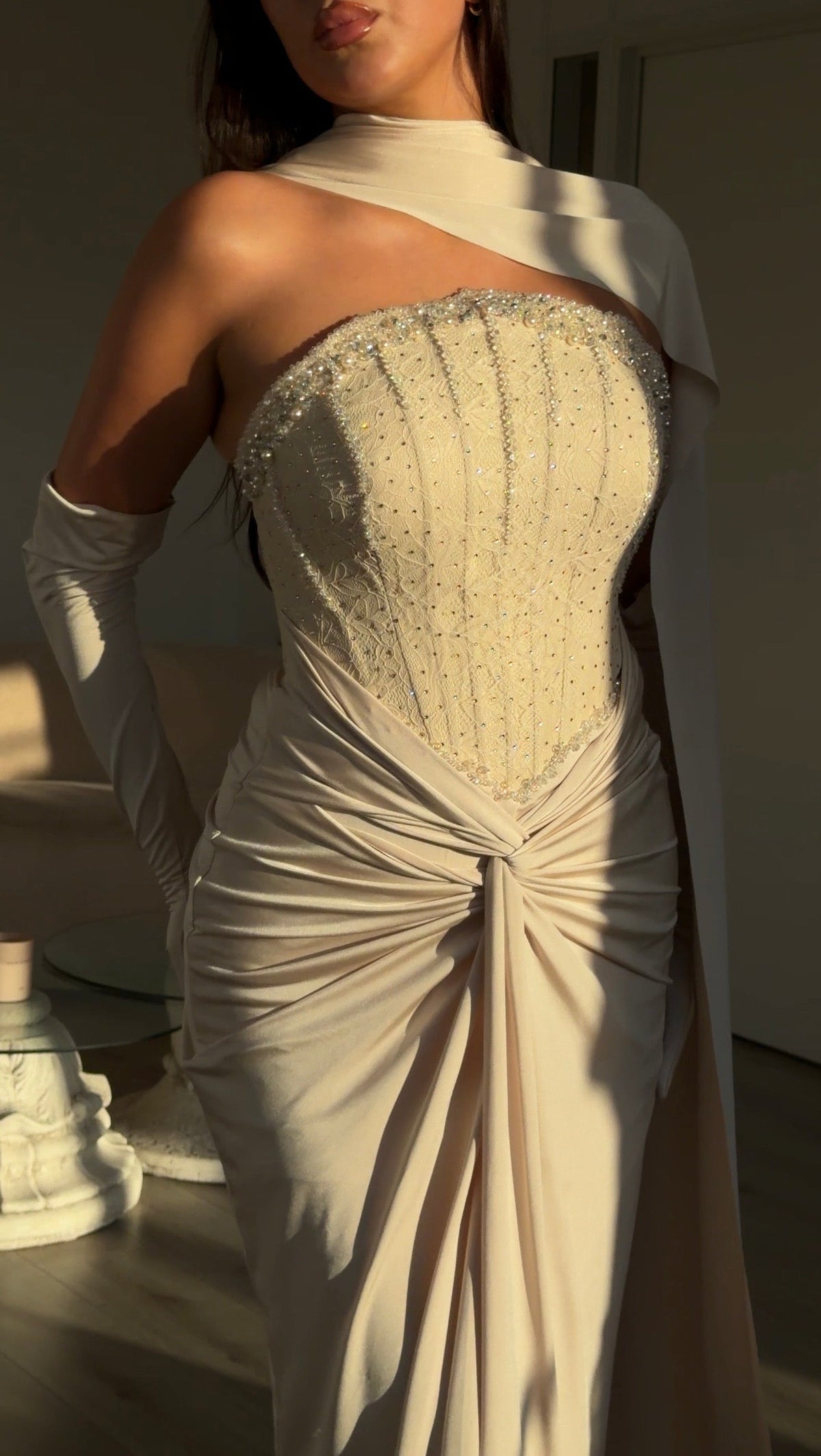 Beaded Corset Gown with Draped Cape and Gloves