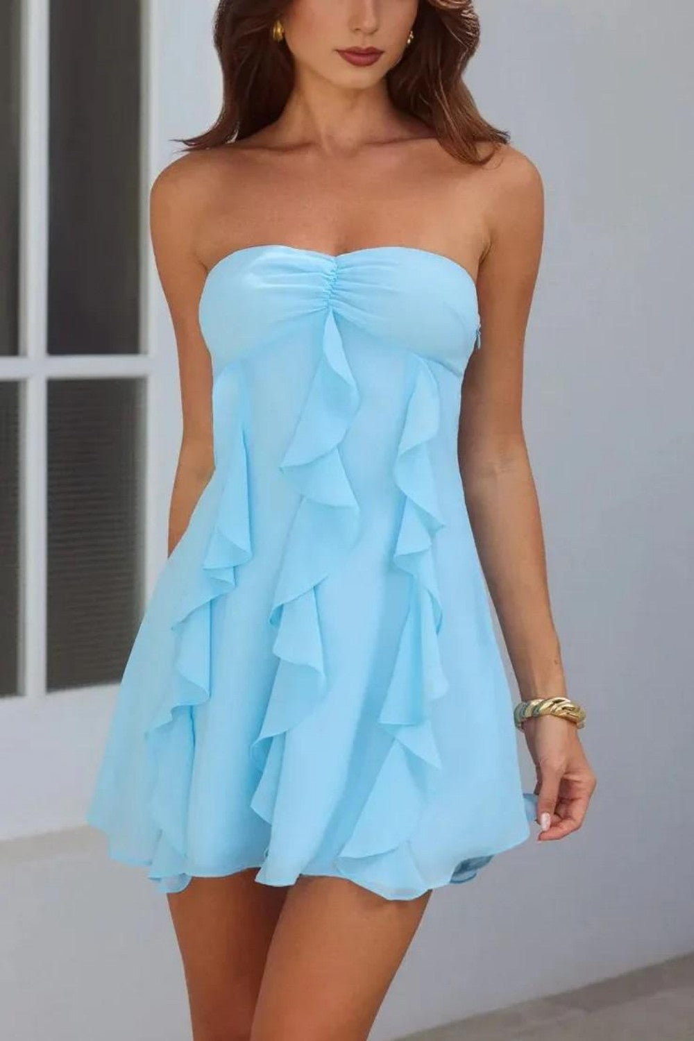 Strapless Ruffle Cascade Chiffon Mini Dress