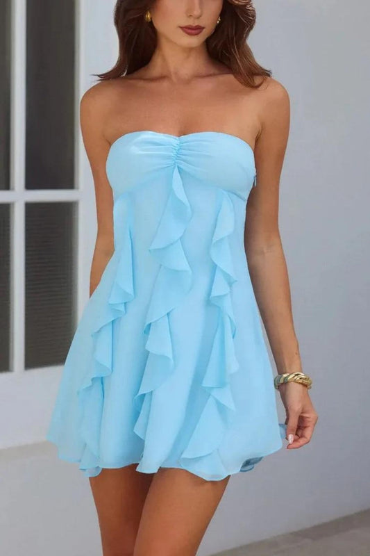 Strapless Ruffle Cascade Chiffon Mini Dress