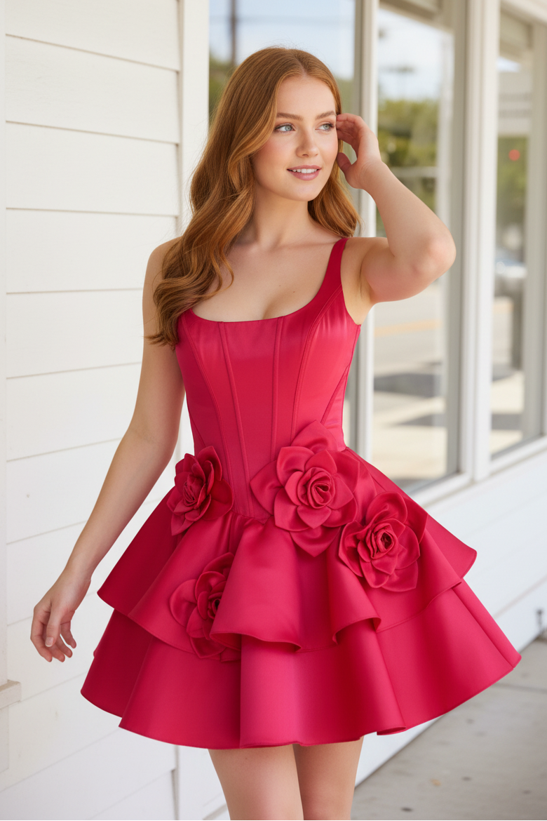 Corset Satin Tiered Mini Dress with 3D Flowers