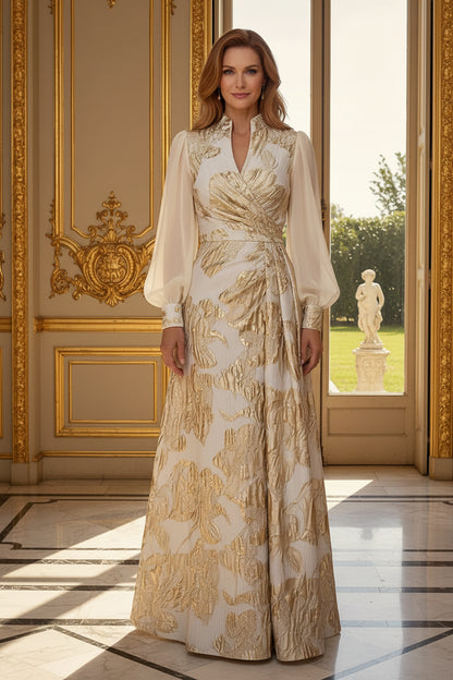 Metallic Floral Maxi Dress with Bishop Sleeves