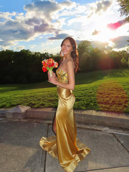 Strapless Mirror Bodice Mermaid Gown with Slit