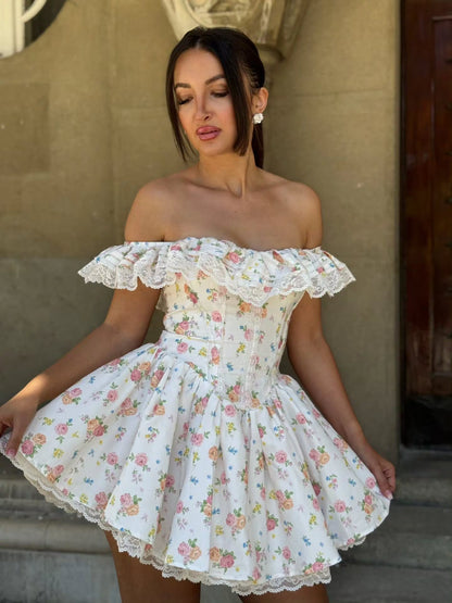 Off-the-Shoulder Floral Ruffle Mini Dress