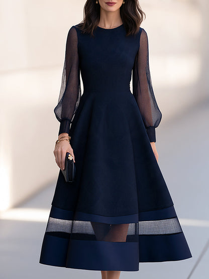 Sheer Sleeve A-Line Midi Dress with Illusion Hem