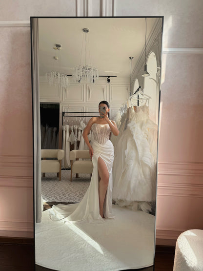 Strapless Beaded Corset Gown with High Slit