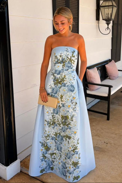 Strapless Floral Print A-Line Formal Gown