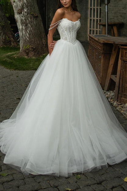 Off-the-Shoulder Corset Tulle Ball Gown Wedding Dress