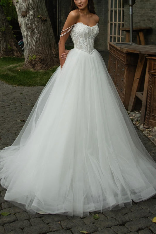Off-the-Shoulder Corset Tulle Ball Gown Wedding Dress