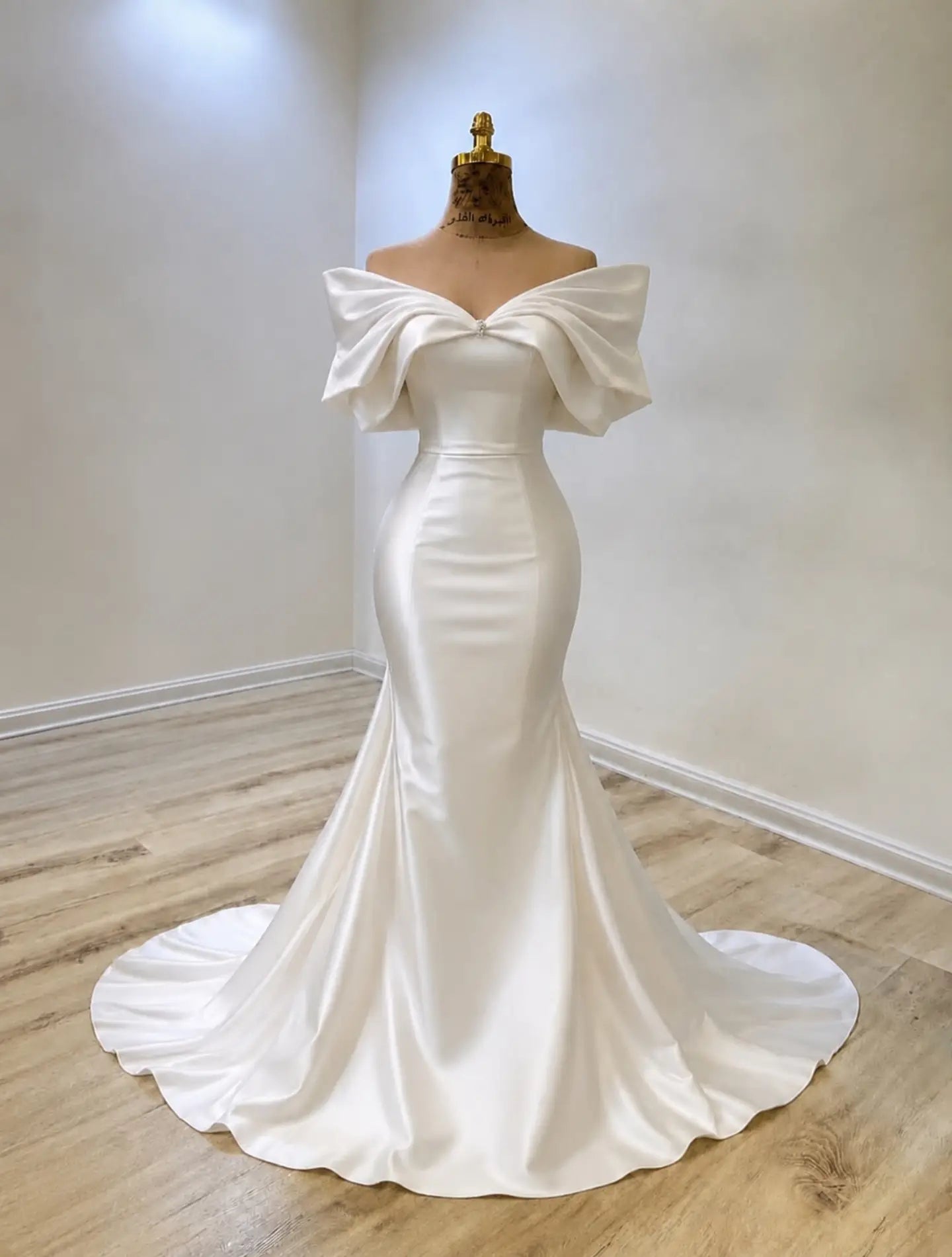 Off-the-Shoulder Draped Satin Mermaid Wedding Dress
