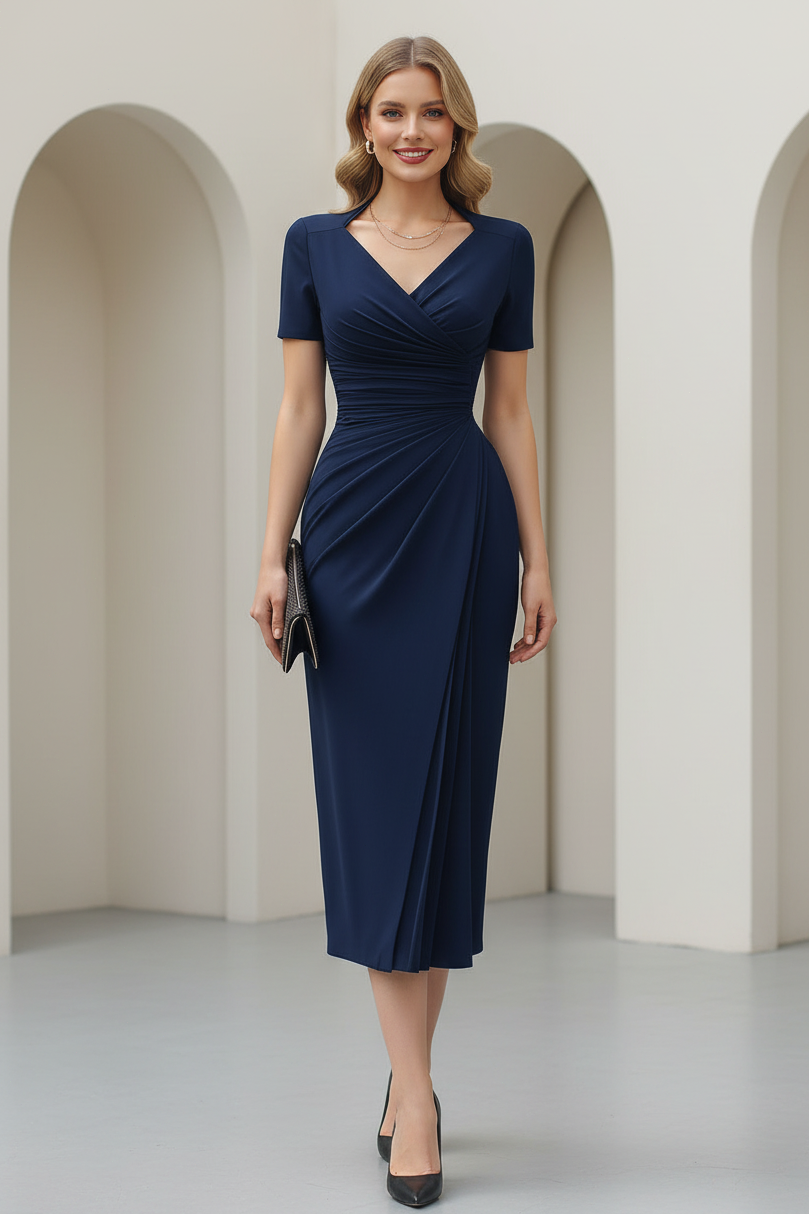Ruched Wrap V-Neck Midi Dress Short Sleeve