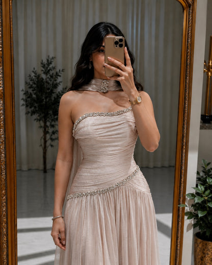 Ruched Crystal-Trim Evening Gown with Scarf