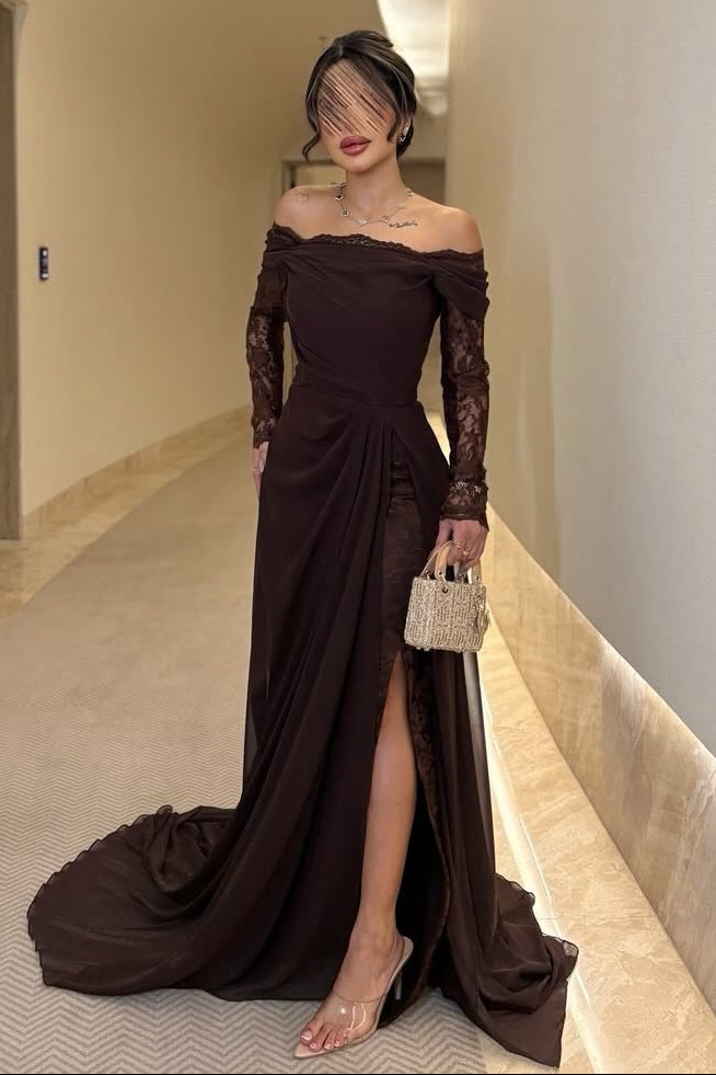 Off-Shoulder Lace Sleeve Evening Gown
