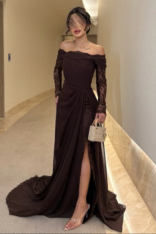 Off-Shoulder Lace Sleeve Evening Gown