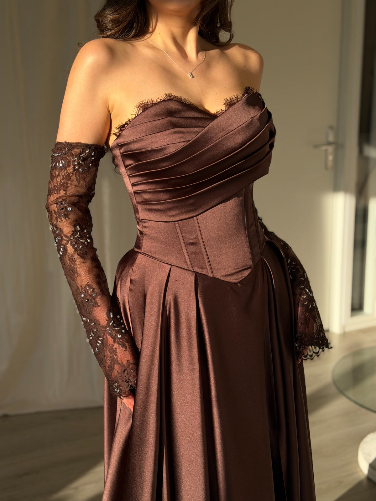Strapless Corset Satin Ball Gown with Lace Gloves