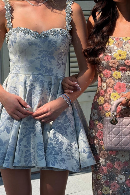 Floral Jacquard Sweetheart Mini Dress with Crystal Straps