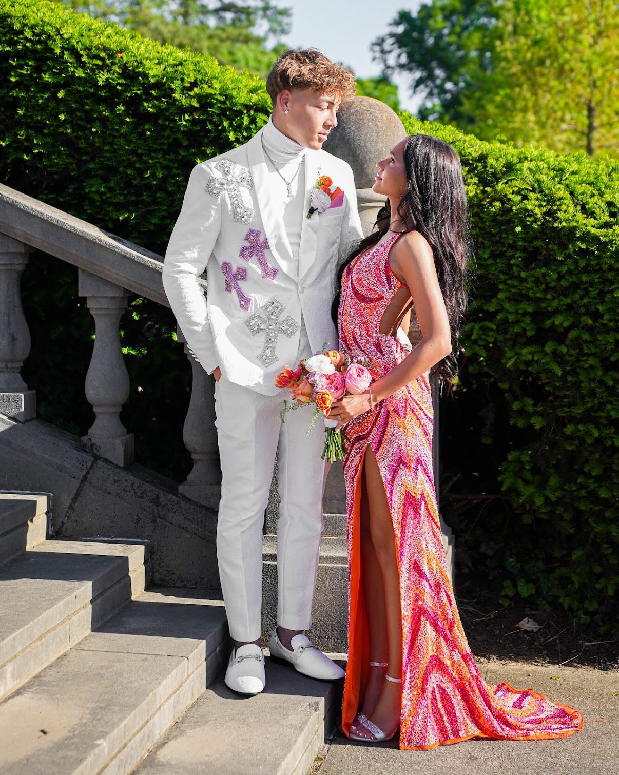 Patterned Sequin Open Back Formal Gown