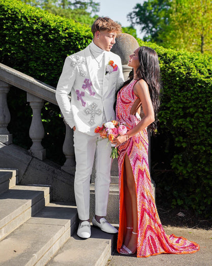 Patterned Sequin Open Back Formal Gown