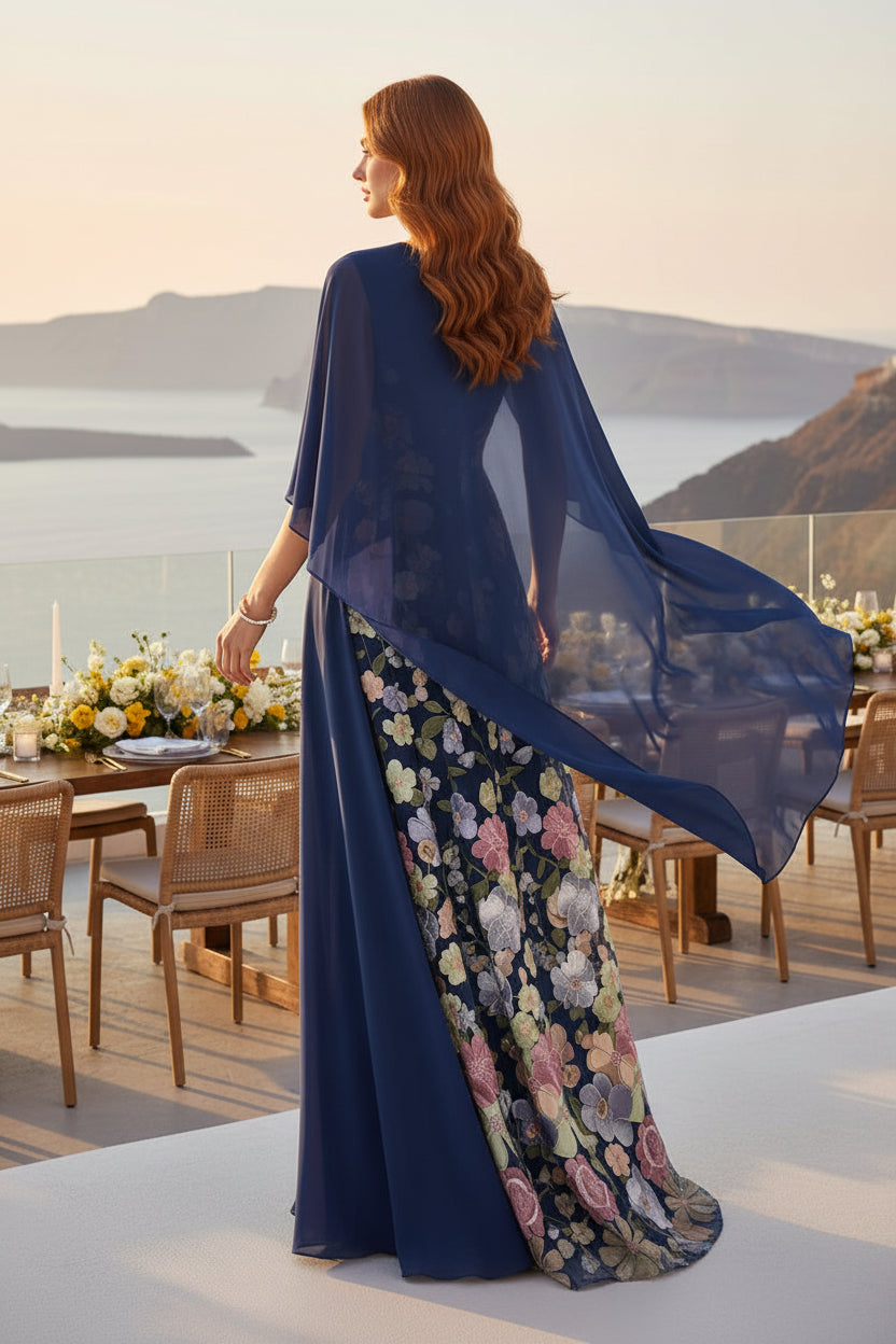 Floral Embroidered Capelet A-Line Gown