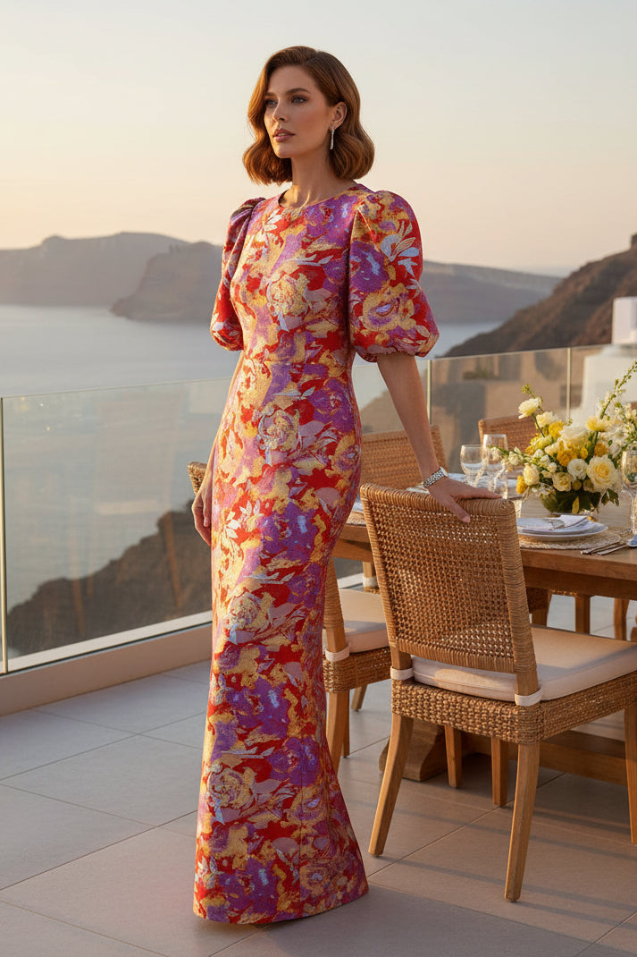Floral Puff Sleeve Column Gown