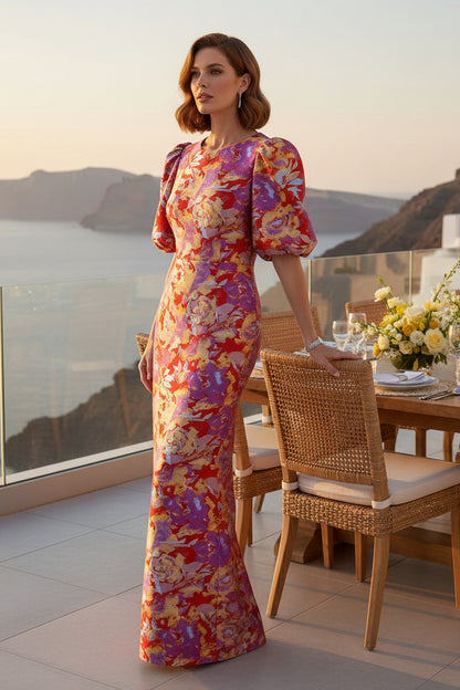 Floral Puff Sleeve Column Gown