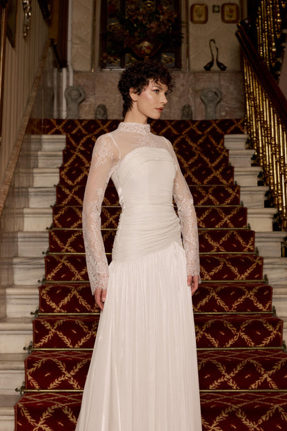 High-Neck Lace Long Sleeve Wedding Dress