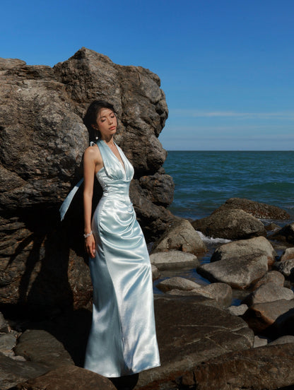 Halter Neck Satin Mermaid Evening Gown