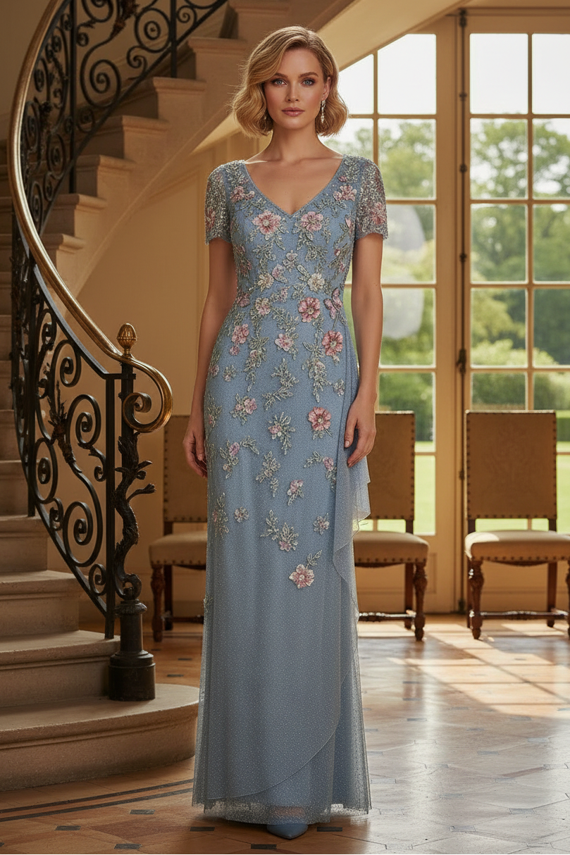 Floral Embroidered Sheath Evening Gown