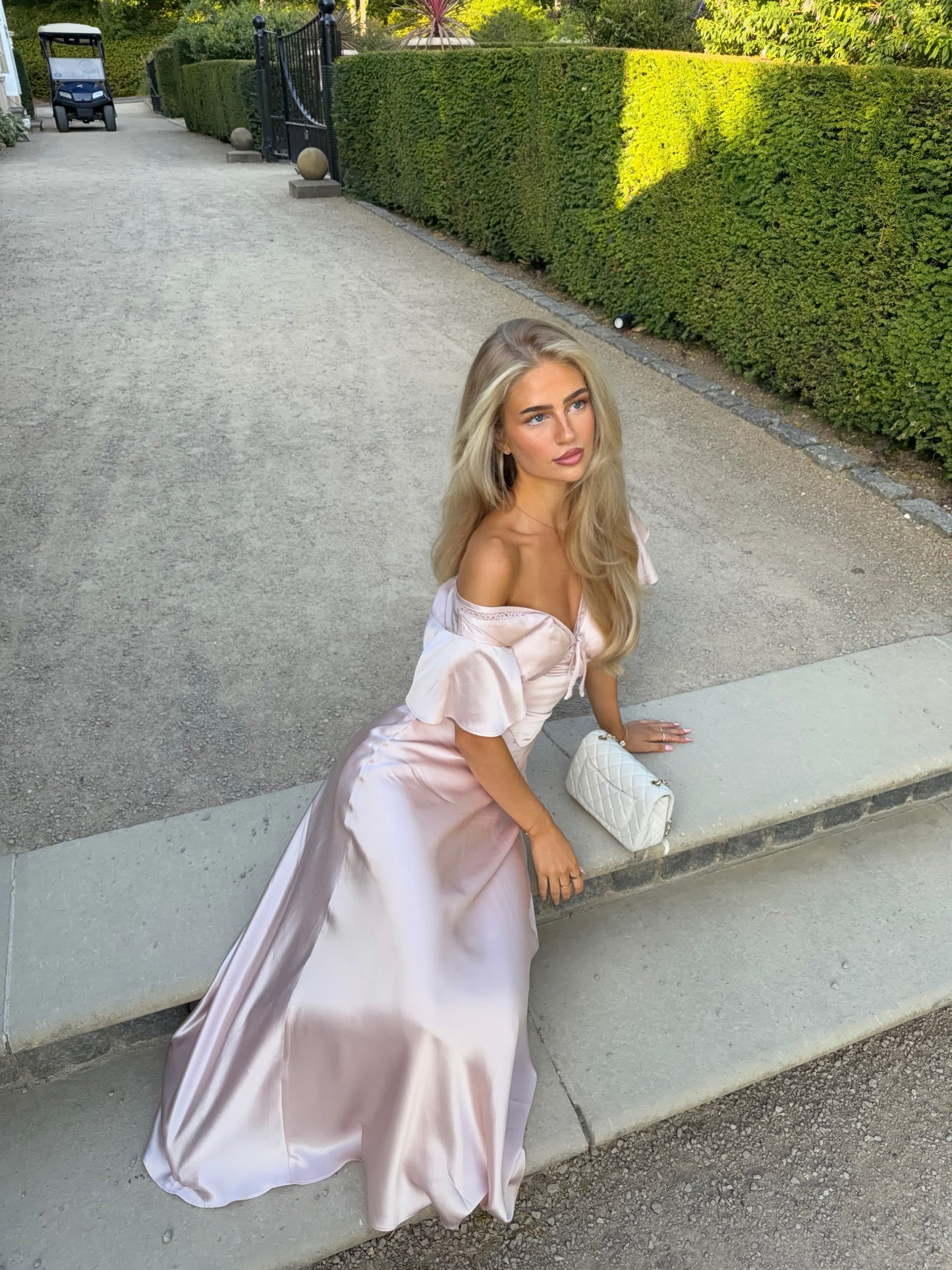 Off-Shoulder Satin Flutter Sleeve Maxi Dress