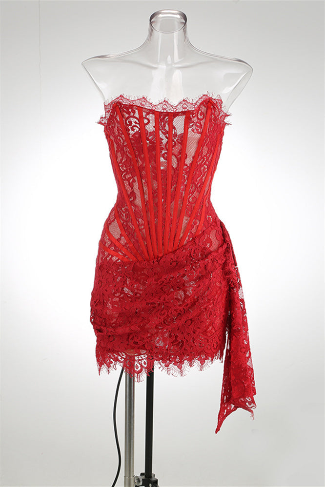 Strapless Lace Corset Mini Dress with Side Drape