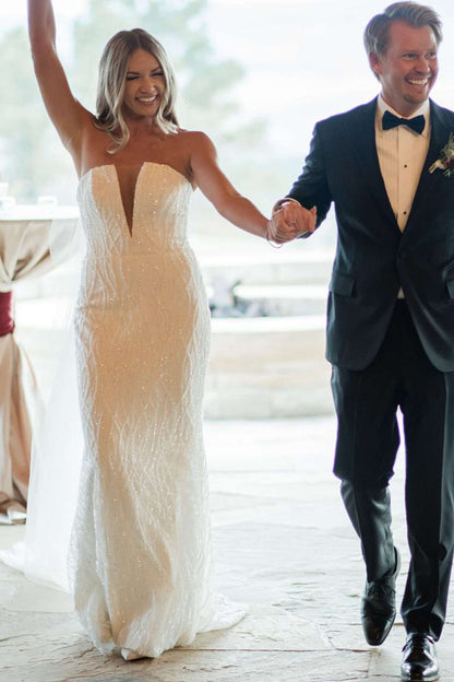 Strapless Plunge Sweetheart Fit and Flare Wedding Dress