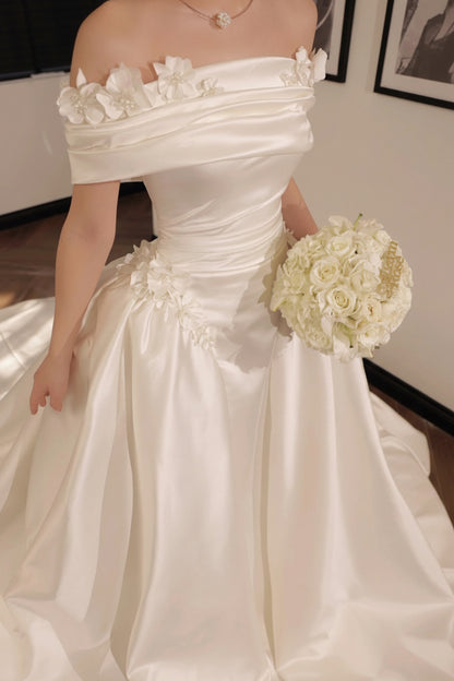 Floral Off-the-Shoulder Ruched Satin Wedding Dress