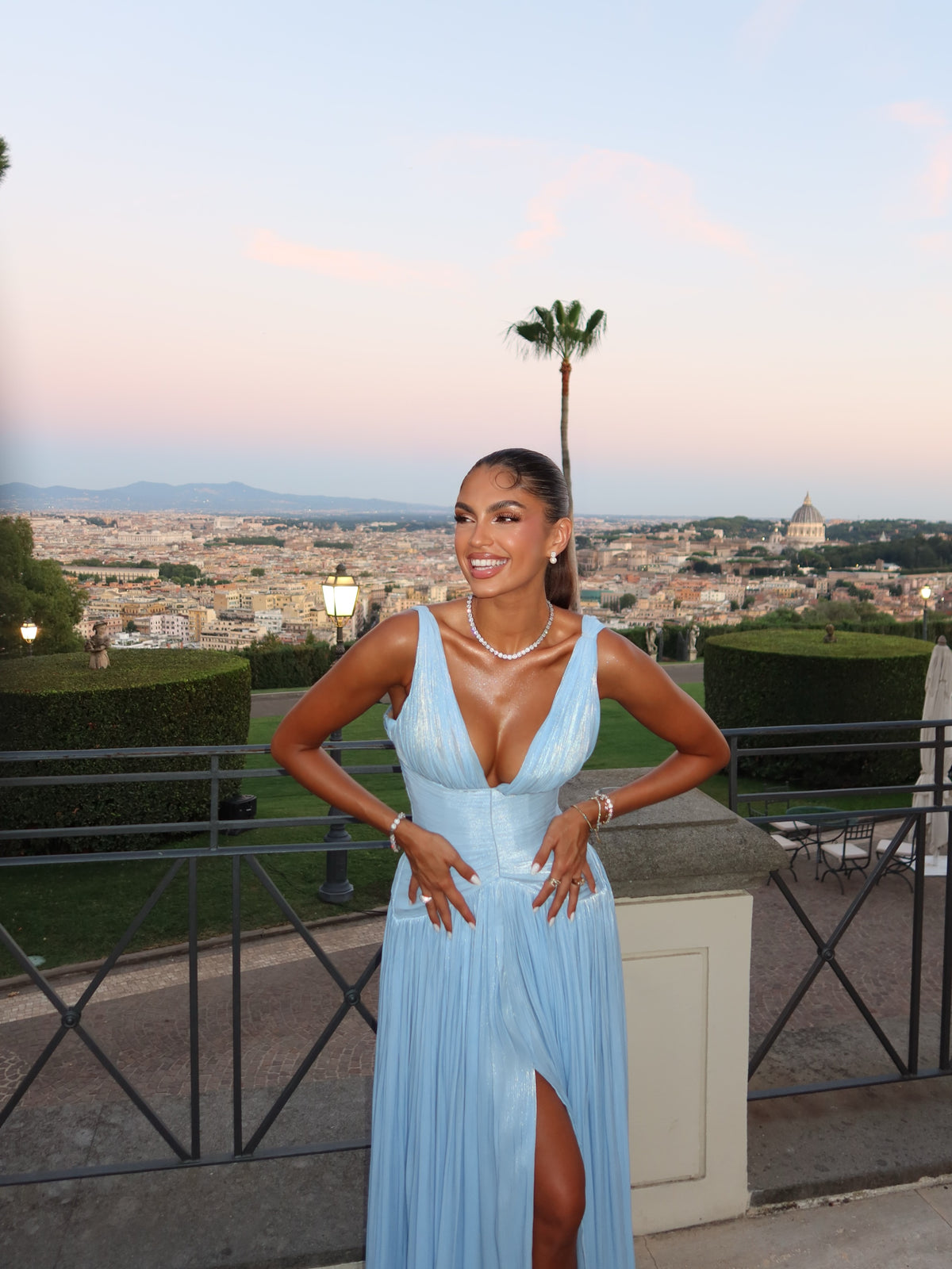 Pleated Deep V-Neck Gown with High Slit