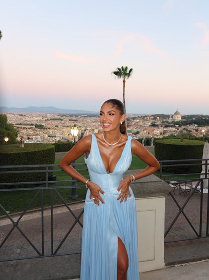 Pleated Deep V-Neck Gown with High Slit