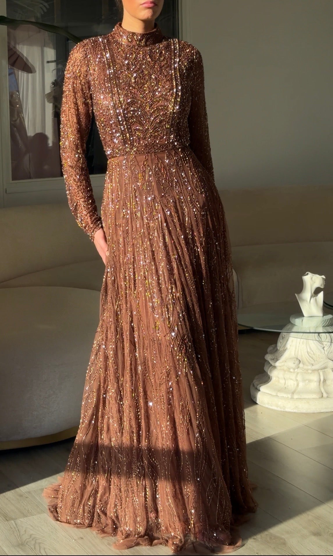 High Neck Sequin Embellished Long Sleeve Gown
