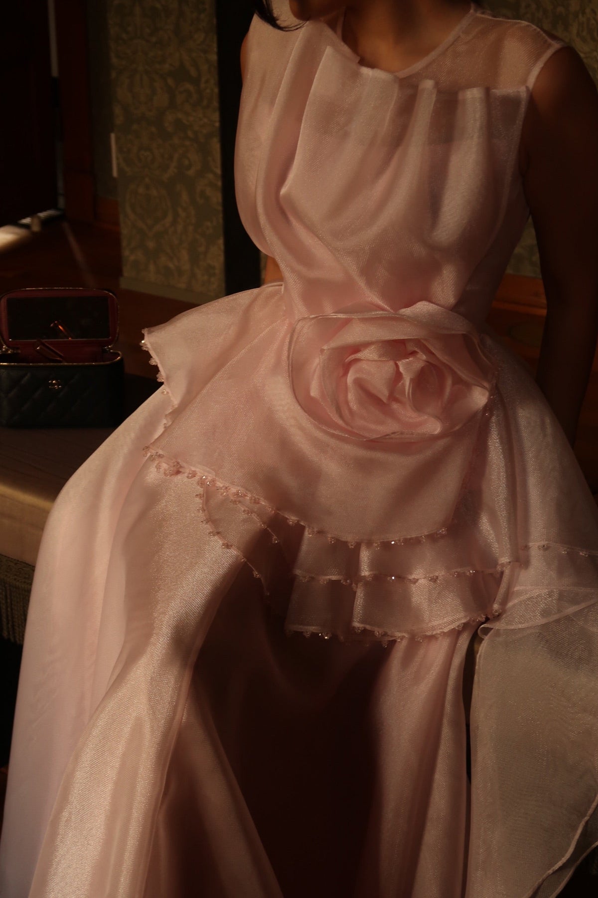 Sleeveless Maxi Gown with Rosette Peplum