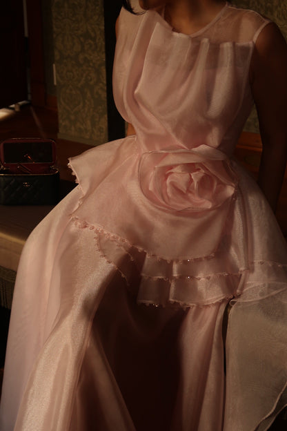 Sleeveless Maxi Gown with Rosette Peplum