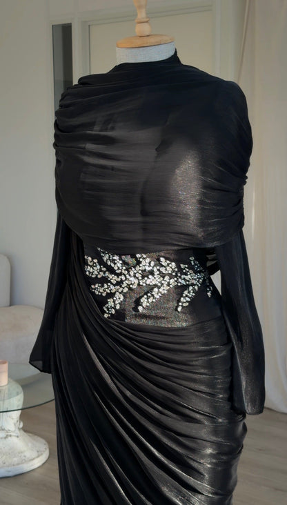 Draped Cowl Maxi Evening Gown with Beaded Waist